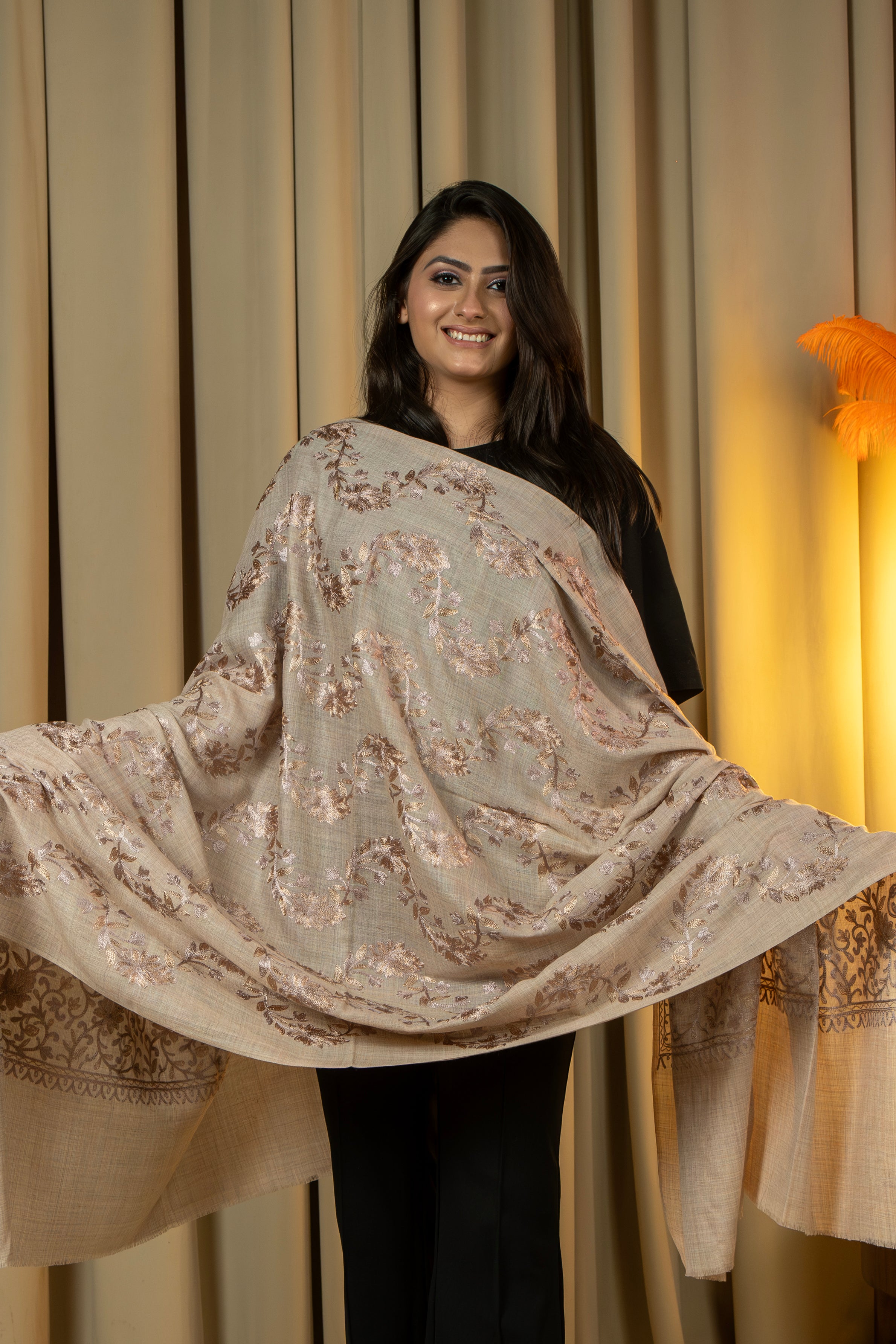 Aari Embroidered Beige Poly Wool Shawl For Women